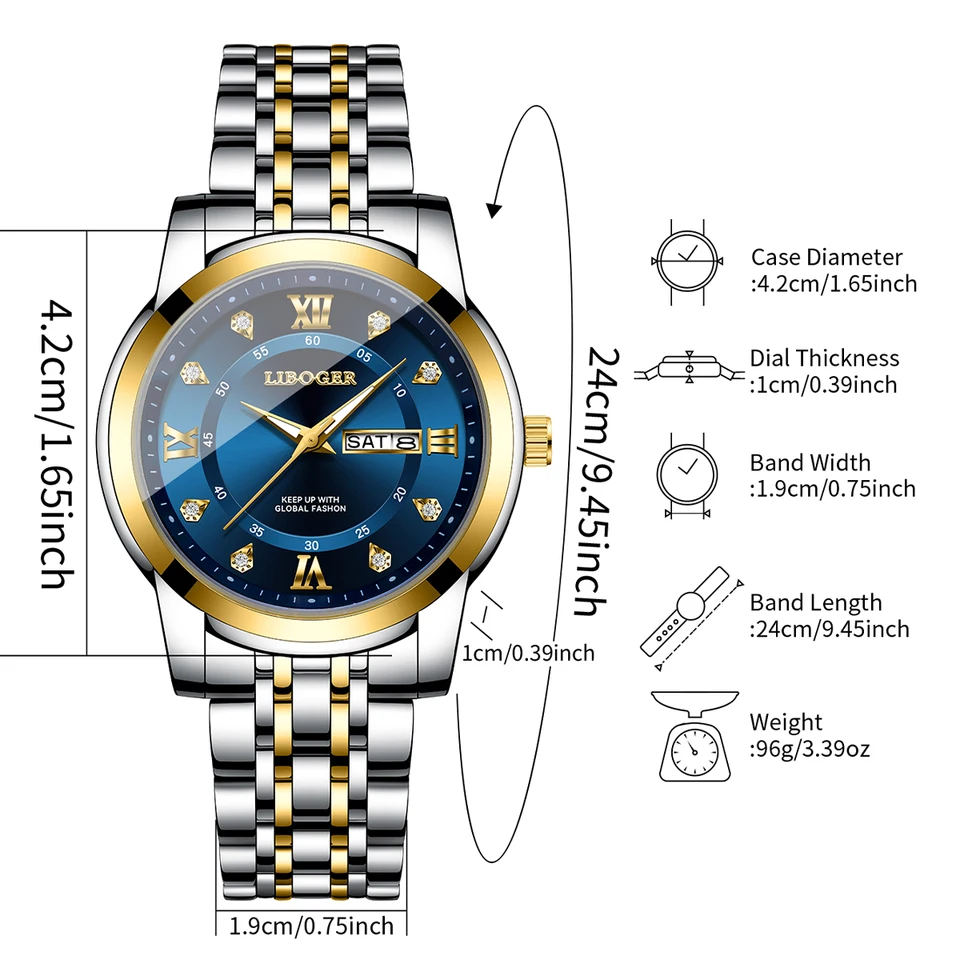 Reloj de lujo de acero inoxidable para hombre, negocios, esfera Roma con pedrería, calendario, cuarzo (sin caja) 6