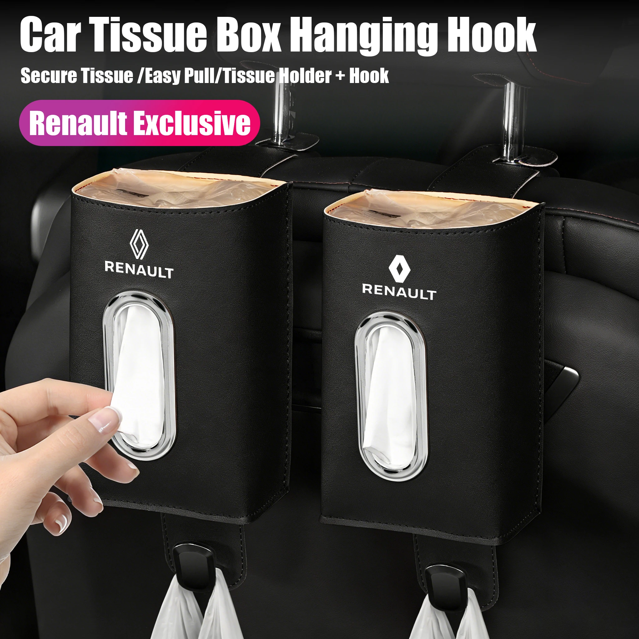 Caixa de lenços para carro com gancho 2 em 1, organizador de lenços, bolsa de armazenamento para Renault Clio Sandero Captur Megane R5 4 E-tech Scenic