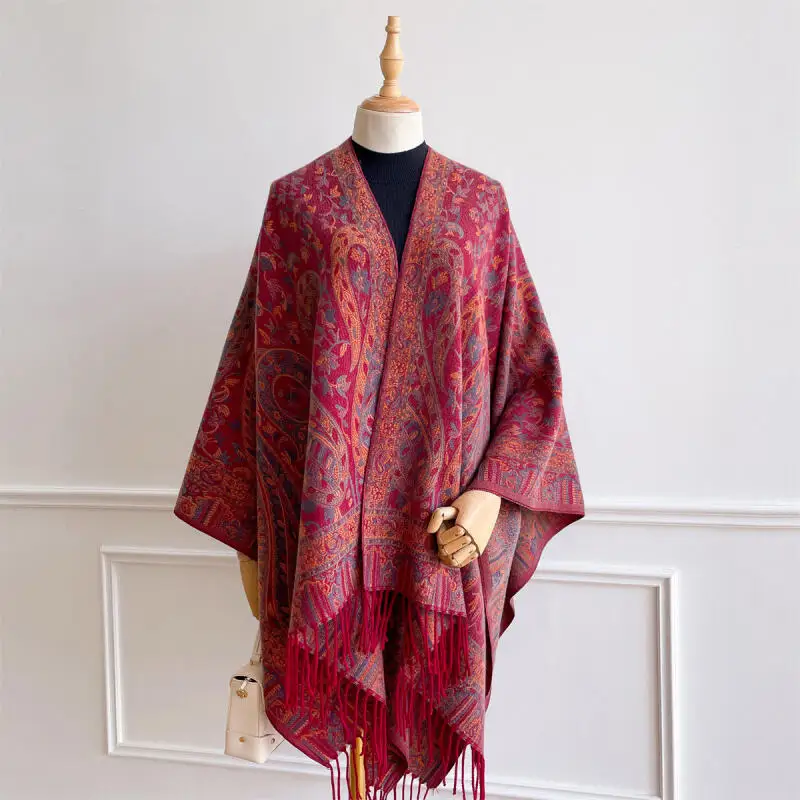 

Women Imitation Cashmere Open Front Poncho Vintage Jacquard Tassel Cape Shawl Ethnic Bohemian Winter Warm Big Cape Blanket