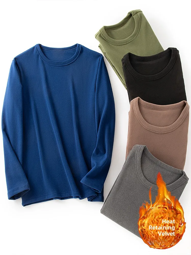 Men's Thickened Fleece Long Sleeve T-Shirt round Neck Warmth Enhancement Garment Regular Fit Home Clothes Inner Wear Top