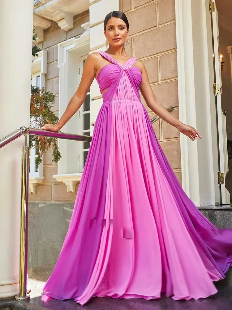 Chiffon A-line Evening Dress V-neck Hollow Pleat Contrast Splicing Elegant Women Zipper Floor Length Formal Occasion Party Gown