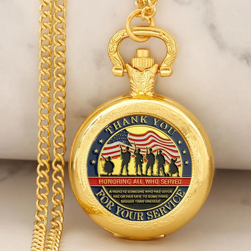 Golden Thank You Design Quartz Pocket Watch with Necklace Pendant World-Time Feature, Analog Display For Women Men Kids