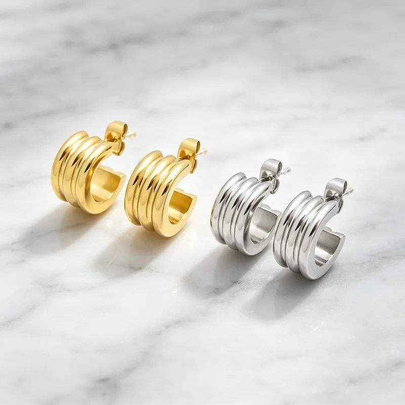 KALEN Stainless Steel Multi‑Layer Threaded Hoop Earrings for Women Shiny C‑Shape Chunky Minimalist Fashion Ear Jewelry Gift