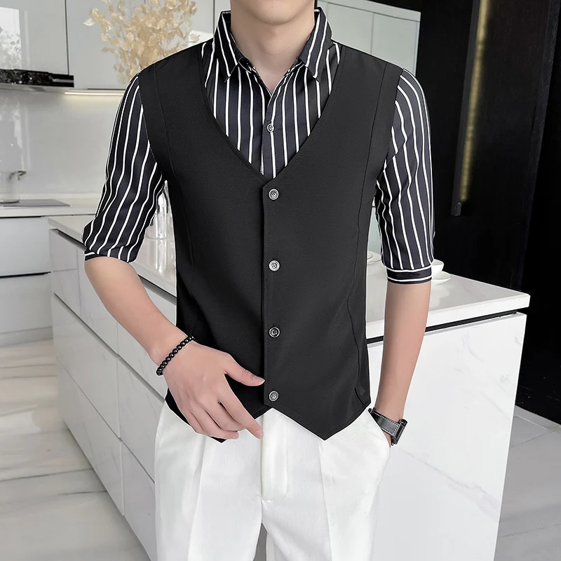 

Fashion Men's Shirt Fake Two-piece British Style Shirt Slim Fit Business Casual Half-sleeved Shirt Social Gathering Uniform 2025