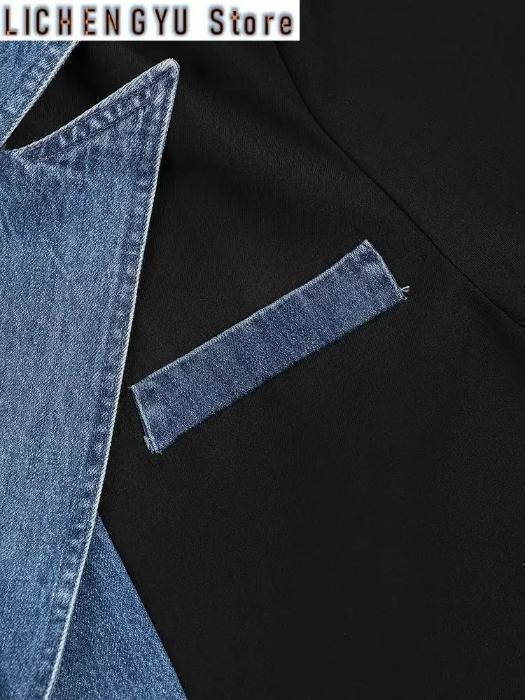 Women Dark Blue Deinm Spliced Big Size Blazer New Lapel Long Sleeve Loose Fit Jacket Fashion Spring Autumn