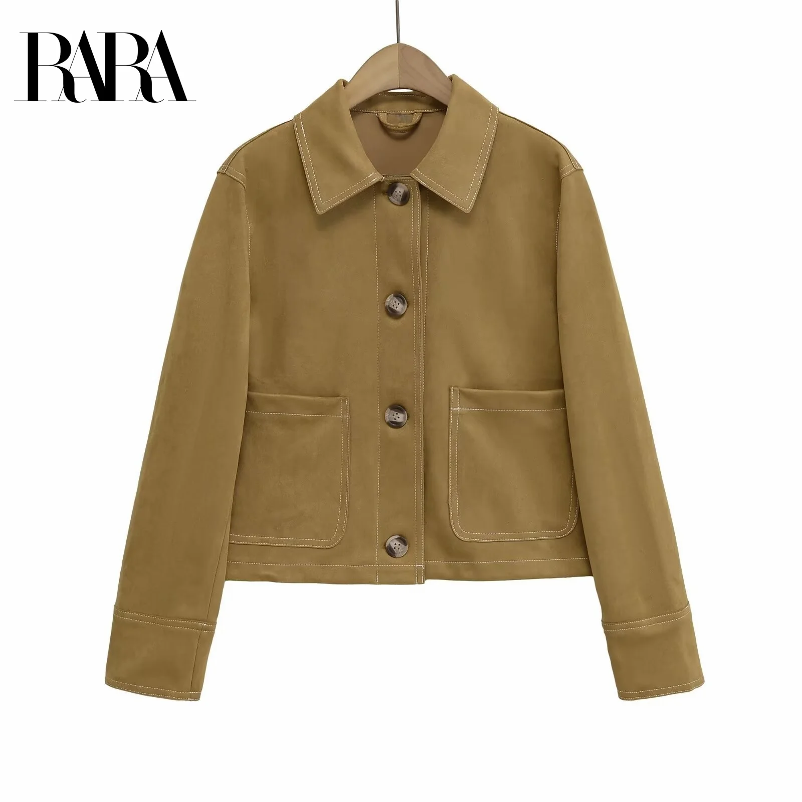 

RARA2025 new summer women's casual fashion simple lapel long sleeve pocket suede texture leather temperament jacket