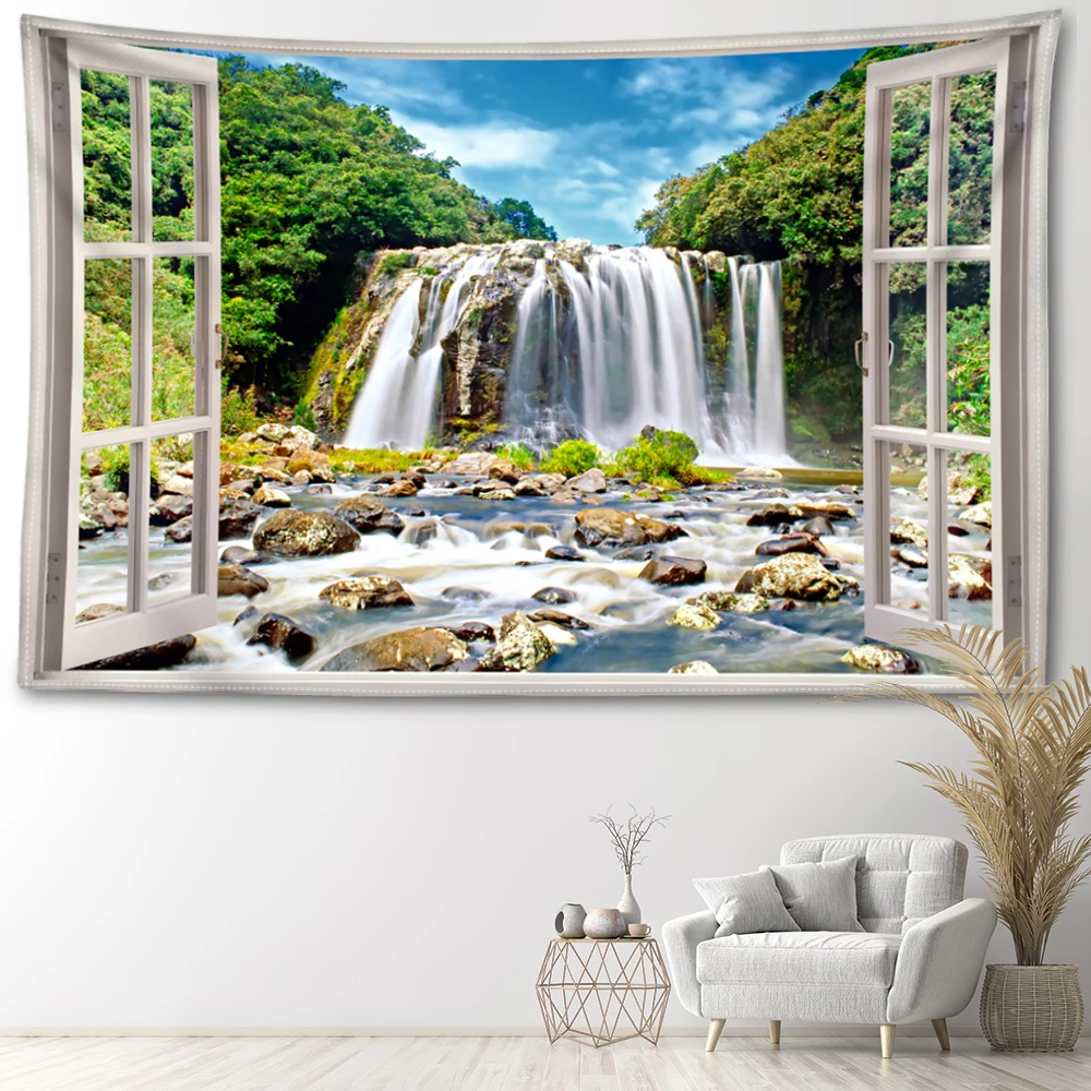 Imitation Window Waterfall River Landscape Printing Tapestry Simple Style Decoration Tapestry Wall Hanging Art Wall Hanging Deco