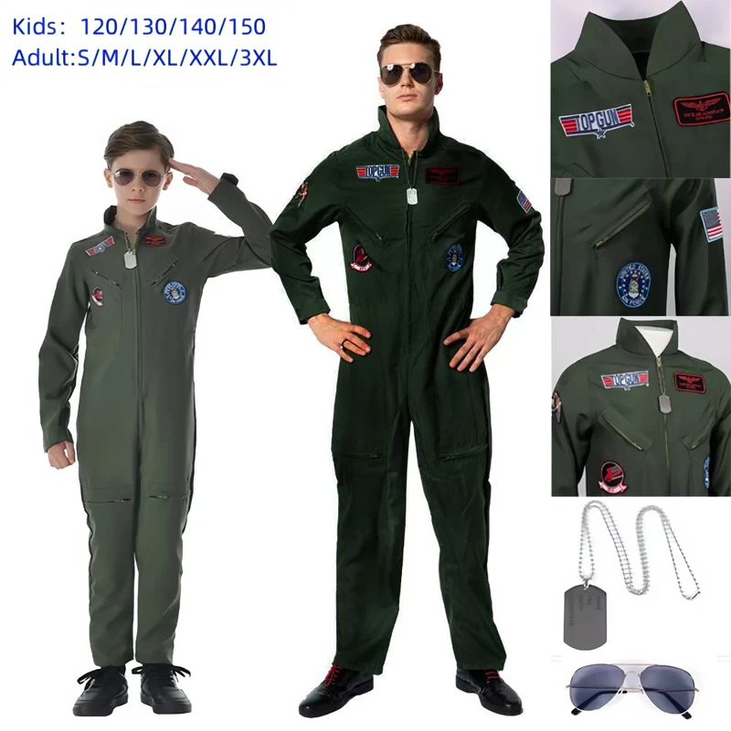 Adult Kids Pilot Costume Top Gun Flight Suit Roleplay with Aviator Accessories Men Army Green Pilot Jumpsuit