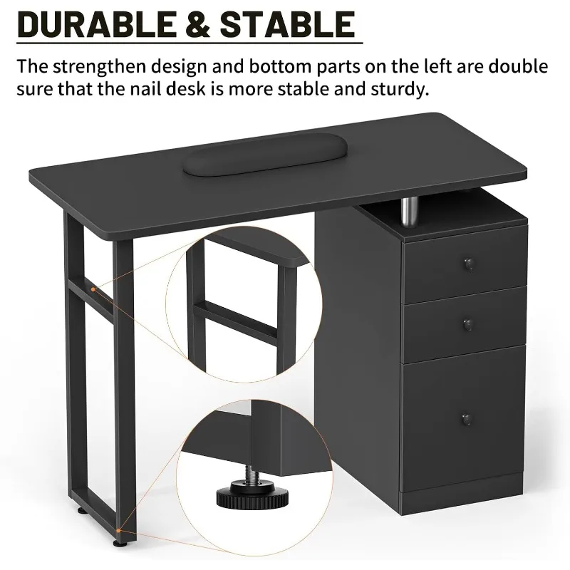 Manicure Table Nail Station Desk Acetone Resistant Black Nail Table for Nail Tech Table w/Wrist Cushion