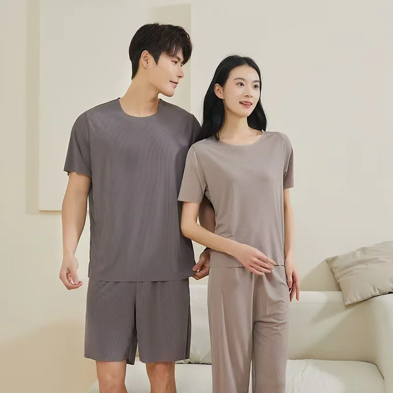 

Пижамные комплекты из ледяного шелка для женщин и мужчин, одежда для сна с круглым вырезом и короткими рукавами, удобная дышащая летняя повседневная домашняя одежда