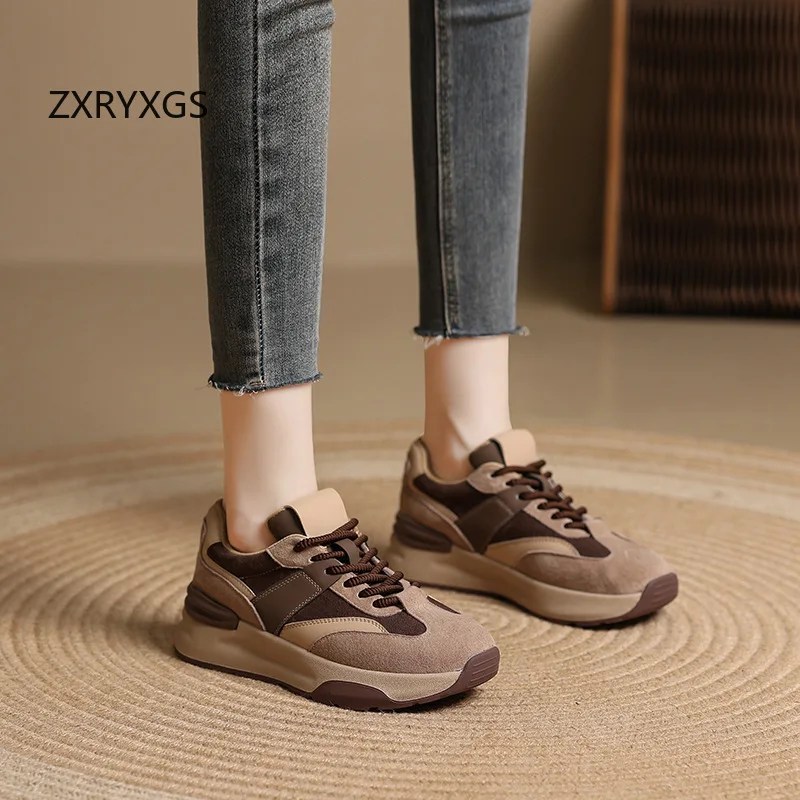 ZXRYXGS 2026 Color Blocking Splicing Frosted Real Leather Sneakers Flat Thick Sole Non-slip Women Shoes Fashion Casual Sneakers