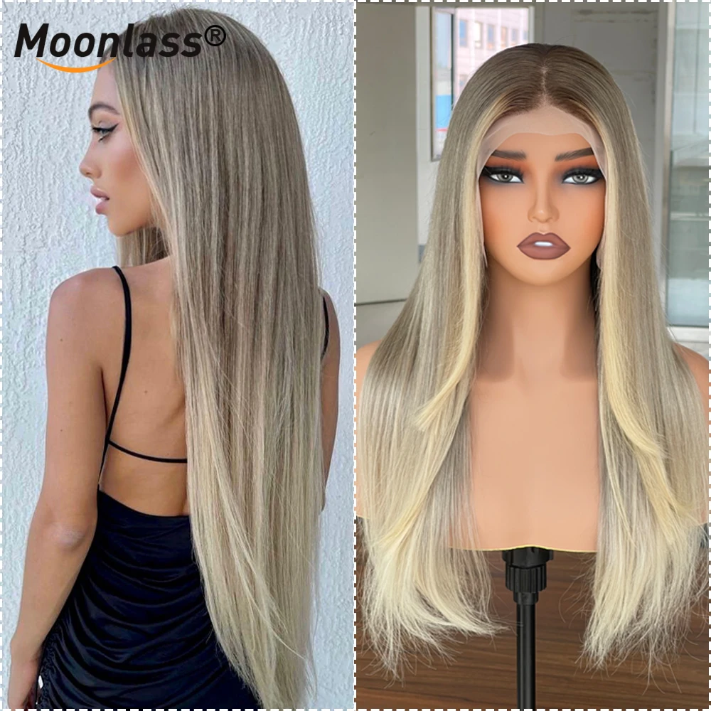 

Ombre Grey Blonde 100% Human Hair Wigs High Level Highlight Straight Hair 13x6 Transparent Lace Front Wigs 210% Density Remy Wig