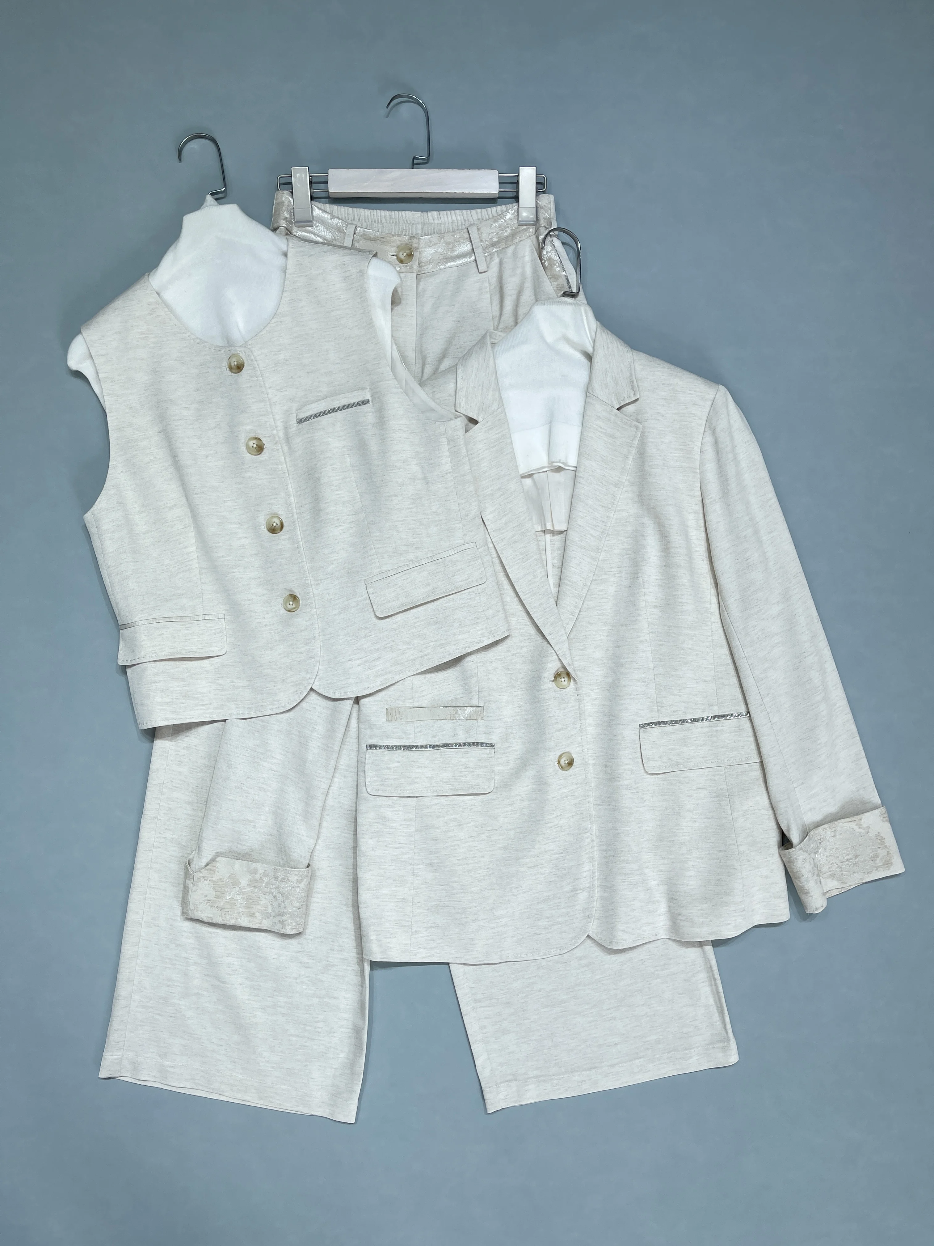 2025 Early Spring New High Quality Pocket Chain Linen Clothes Jacket + Vest + Elastic Waist Linen Straight Pants