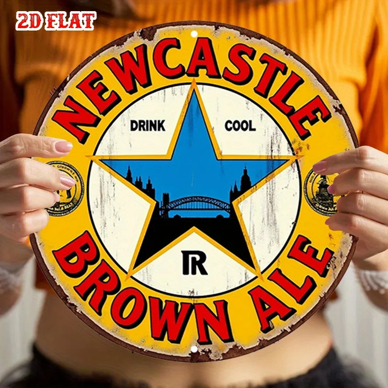 1 قطعة Newcastle Brown Ale Vintage Metal Tin Sign - 19.99 سم لوحة فنية جدارية من الألومنيوم الريفي المستدير مع الطباعة الجريئة وشعار النجمة، Indo
