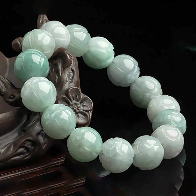 Natural Myanmar Jadeite Lotus Bracelet 13.5mm Bead Jade Strings Men's Hand Strand Jewelry Women's Gifts