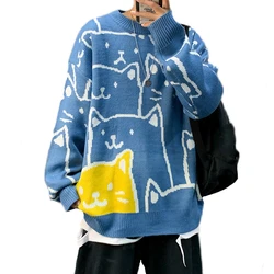 Autumn Men Casual Sweaters Harajuku Oversized Loose Knitted Wear Cute Cartoon Cat Full Pattern Pullovers Teen Boys Clothing