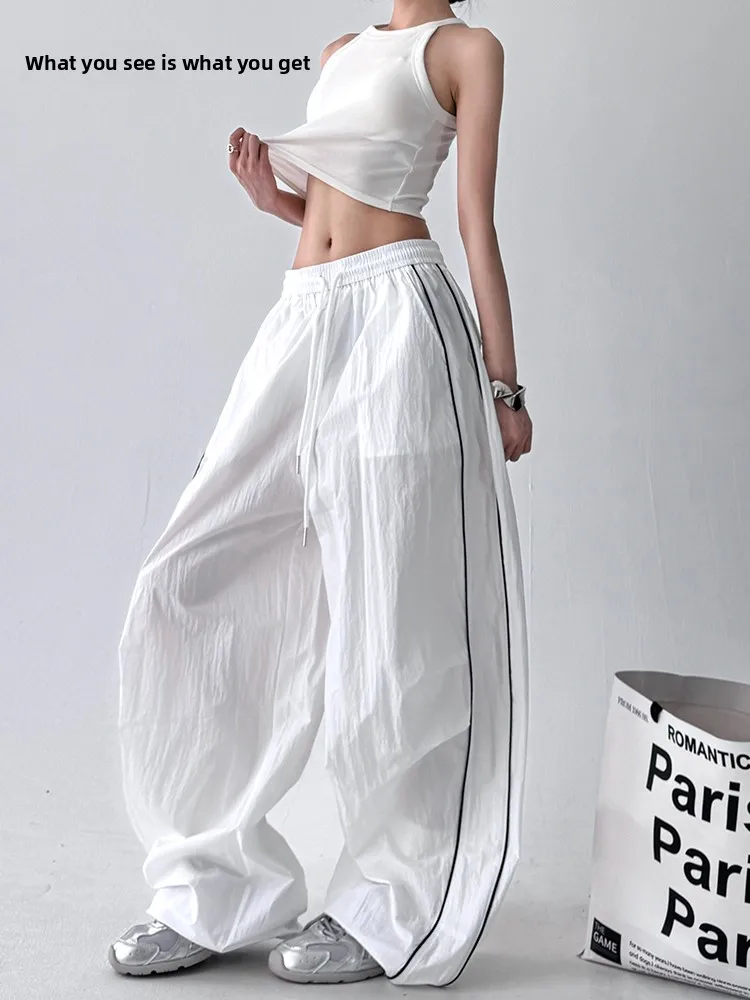 

Летние женские широкие брюки в корейском стиле 2025 года, повседневные, с эластичным поясом, цветными полосками, модные, длинные, с высокой талией