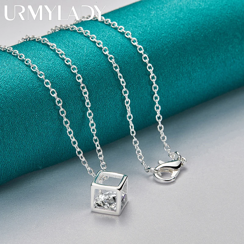 

URMYLADY 925 Sterling Silver Square Zircon 16/18/20/22/24/26/28/30 Inch Pendant Necklace For Women Wedding Party Fashion Jewelry