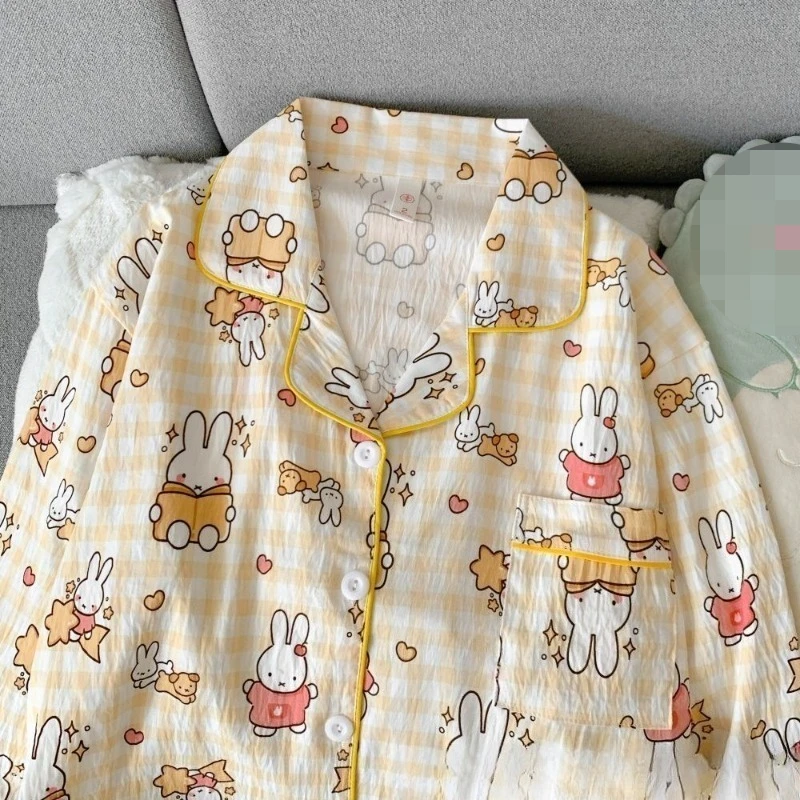 

Комплект одежды для сна Kawaii Miffy Bunny, хлопковый комплект с длинными рукавами и брюками для подростков, женская клетчатая звезда в стиле ретро, милая мультяшная шикарная домашняя одежда