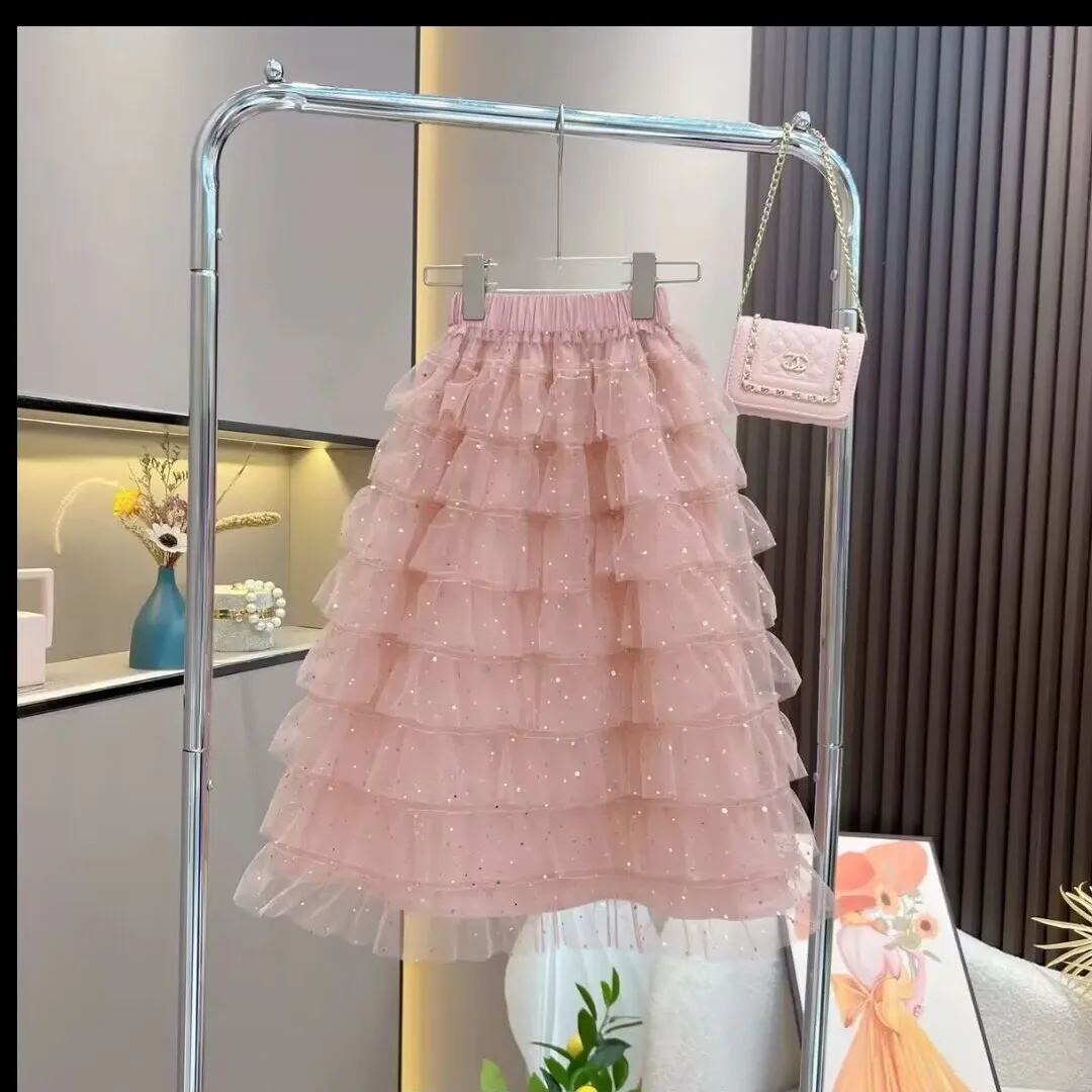 New Baby Girls Teenage Fashion Summer Sets,  Ruffles Top+ Mesh Cake Skrits    4-12T