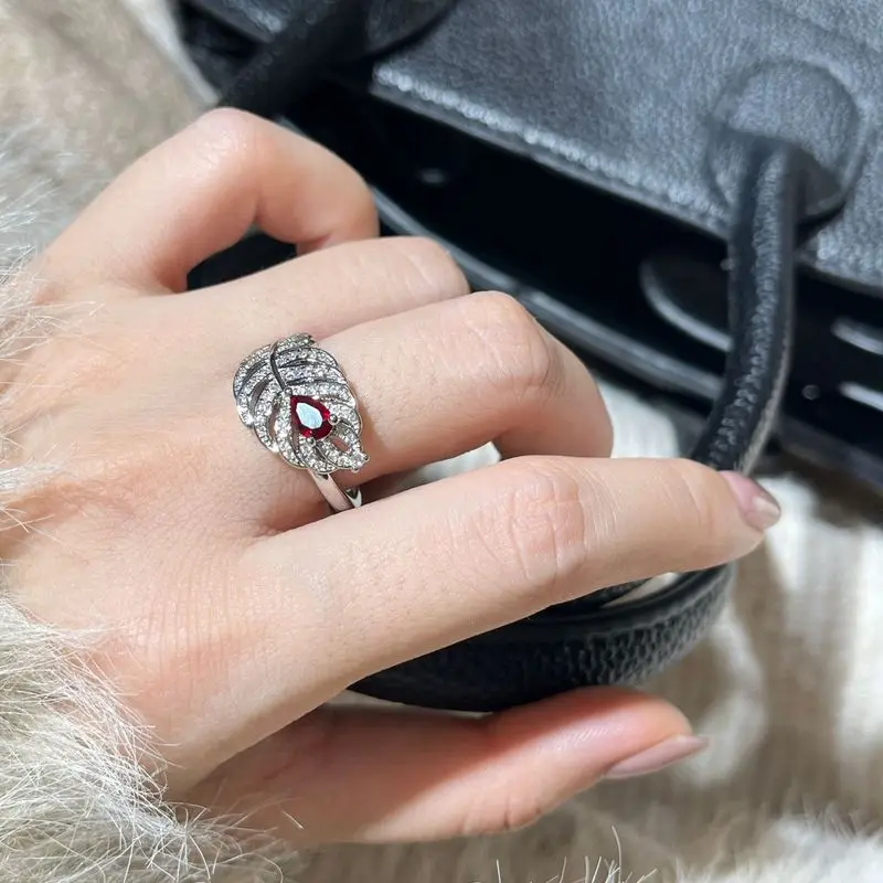 925 sterling silver inlaid with ruby, exquisite feather ring, women's micro inlaid with diamonds, elegant gift with temperament