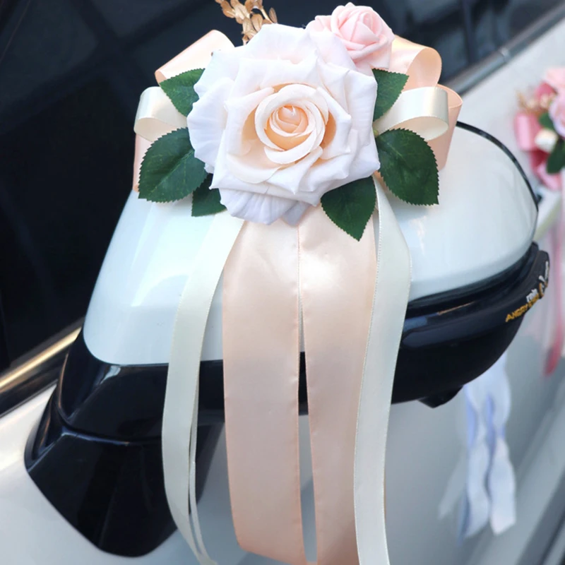 6pcs Multi-usage Pink Wedding Car Rearview Mirror Flowers Just Married Car Door Handle Decoration Aisle Chair Flower