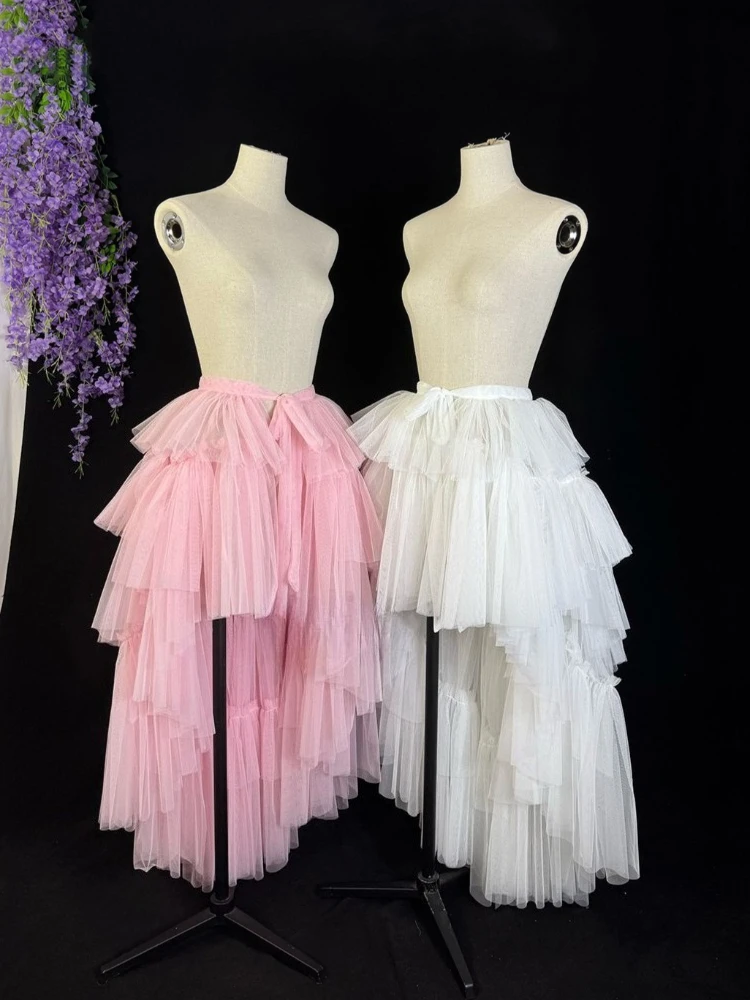 Kawaii Lolita JSK Layered Tulle Ruffle Skirt Irregular Bow Y2K Harajuku Vintage Half Skirt Cosplay Party Skirt Girls