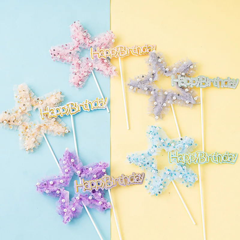 3pc Non-edible Baking Birthday Cake Decoration Plugin Dessert Table Party Five-pointed Star Dreamy Mesh Pearl Star Hb Card