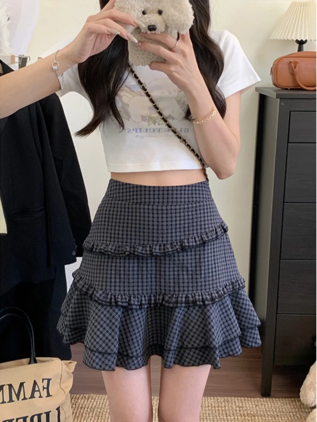 

High Waist Plaid Skirt with Wood ain Women's Sli Spring New Arrival Big Size A-Line Skirt Korean Sle