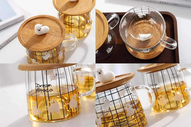 Cute 3D alpaca glass mug with bamboo lid,Heat-resistant glass mugs  Morning Mug Milk Coffee Tea Breakfast Cup for gifts