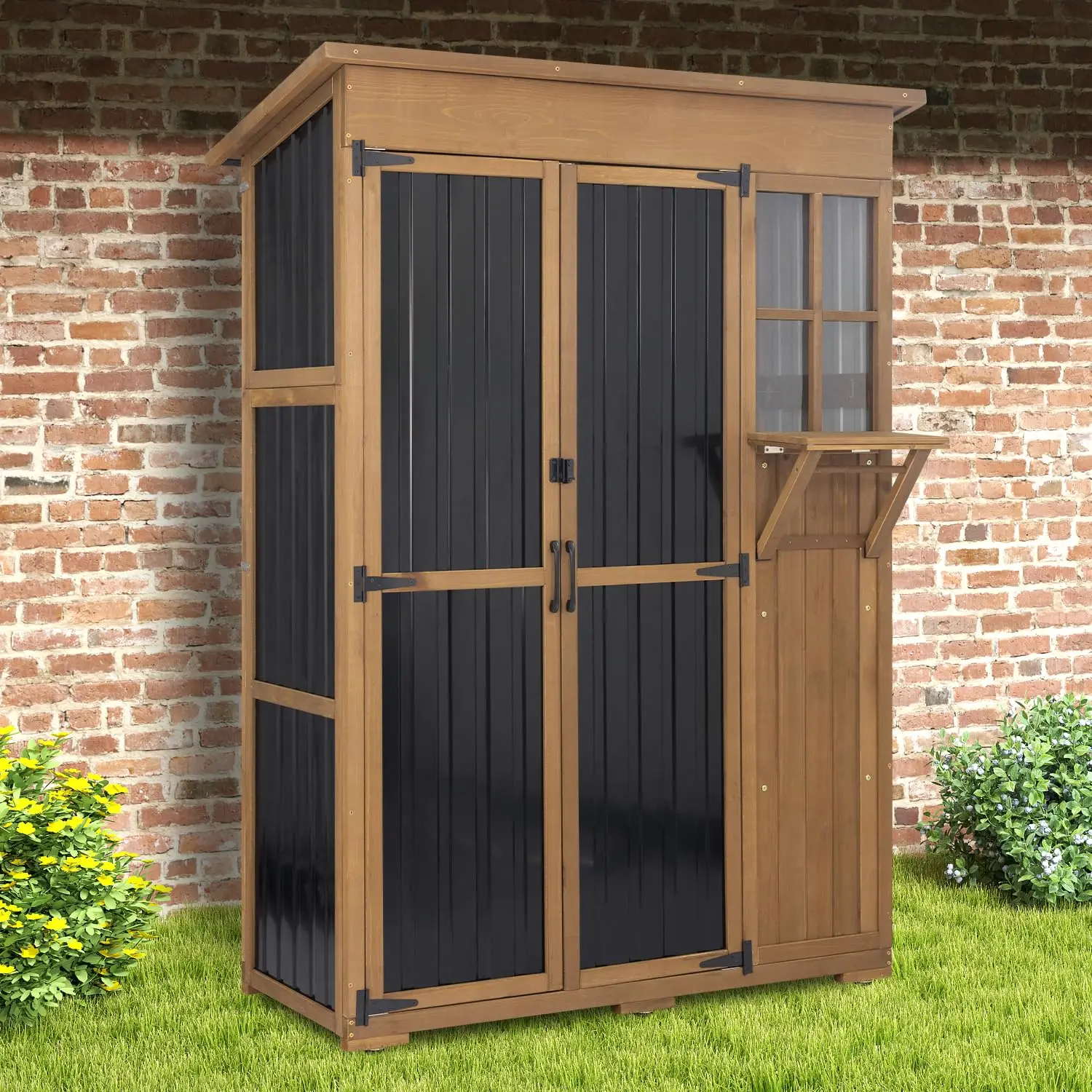 

51-дюймовый L наружный шкаф для хранения вещей, водонепроницаемый с полками, внешний навес для хранения, высокий шкаф на заднем дворе со складным столом для патио,