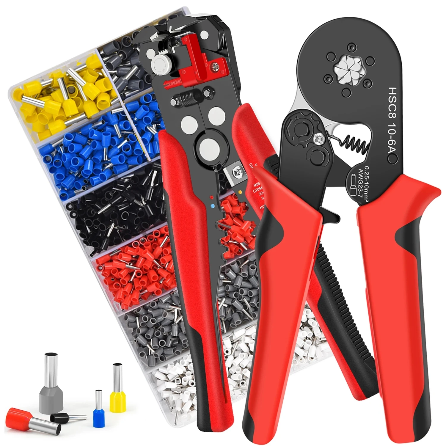 

Набор инструментов для обжима наконечников, шестиугольные саморегулирующиеся обжимные клещи AWG23-7, инструмент для зачистки проводов, щипцы для зачистки проводов с 2000 шт. наконечником