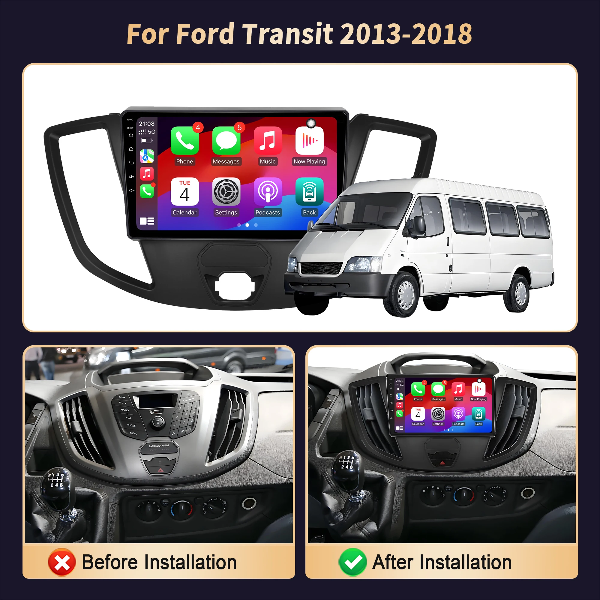 Car Radio Android 14  4G For Ford Transit 2013-2018  Wireless Bluetooth Carplay Multimedia Navigation Head Unit Touch Screen