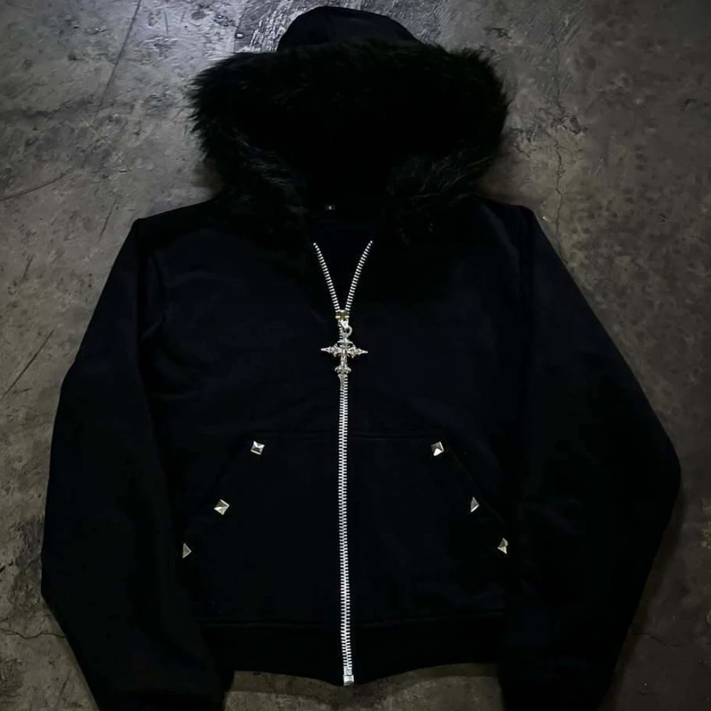 الأوروبية والأمريكية زغب قبعة سترة نمط طويلة الأكمام هوديي معطف الرجعية الشارع الاتجاه الظلام نمط معطف دافئ للنساء #6