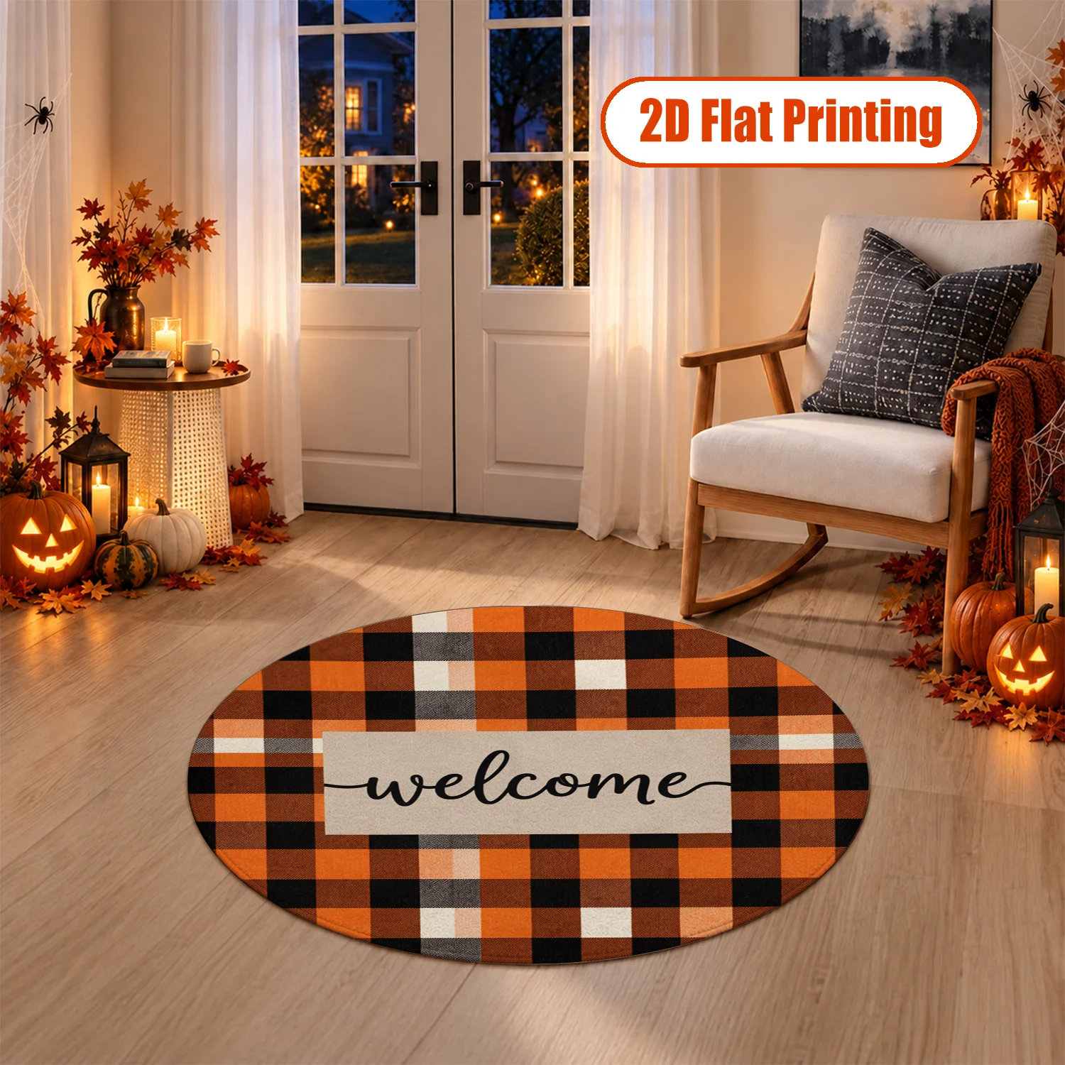 Buffalo Plaid Round Welcome Doormat Soft Velvet Machine Washable Stable Placement Ideal for Entryway Patio Kitchen Living Room Halloween Thanksgiving Christmas New Year Black Friday