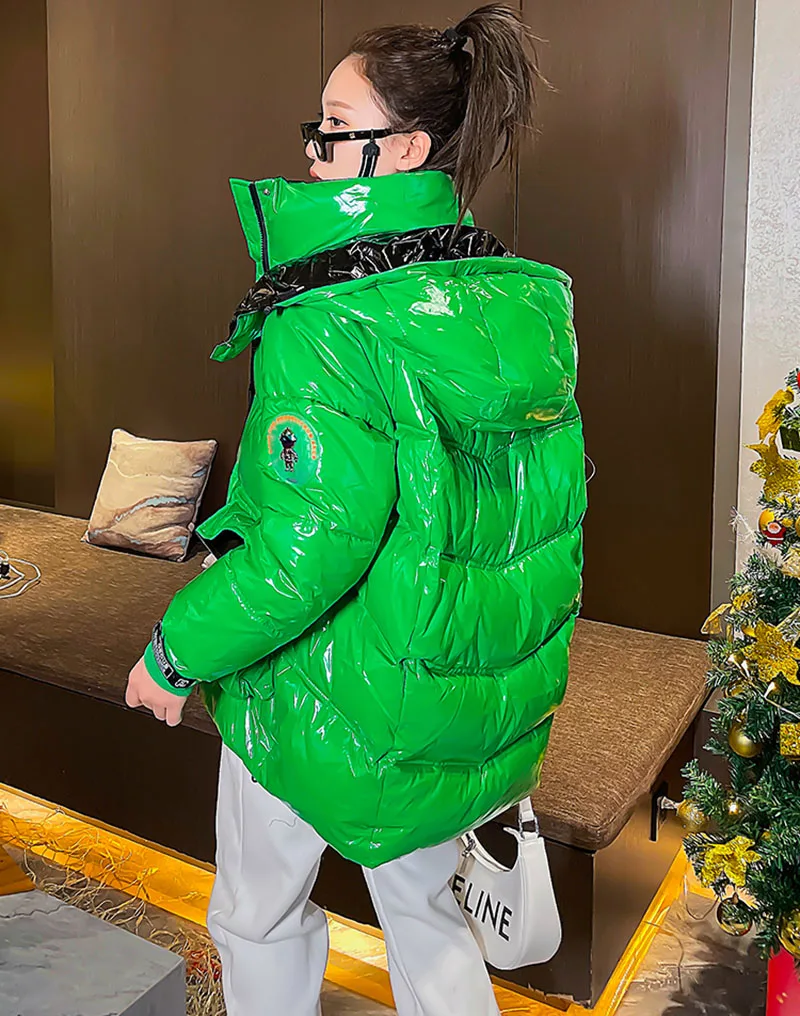 Stand Collar Hooded Big Pocket Glossy Down Cotton Jacket Winter 2024 Loose White Black Yellow Green Warm Long Sleeve Parkas Coat