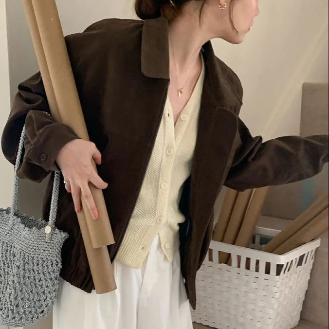 Retro High-End Cerniera Pelle Velluto Or Jaet Coreano Sle Donna Faion Collezione Autunno Fibra di poliestere 00%