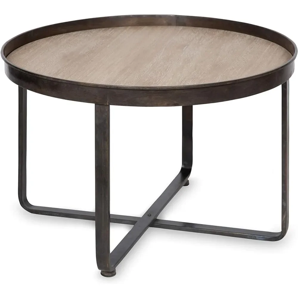 

Zabel Modern Farmhouse Round Coffee Table With Black Wrought-Iron Criss Cross Base and White Oak Finished Wooden Insert Tables