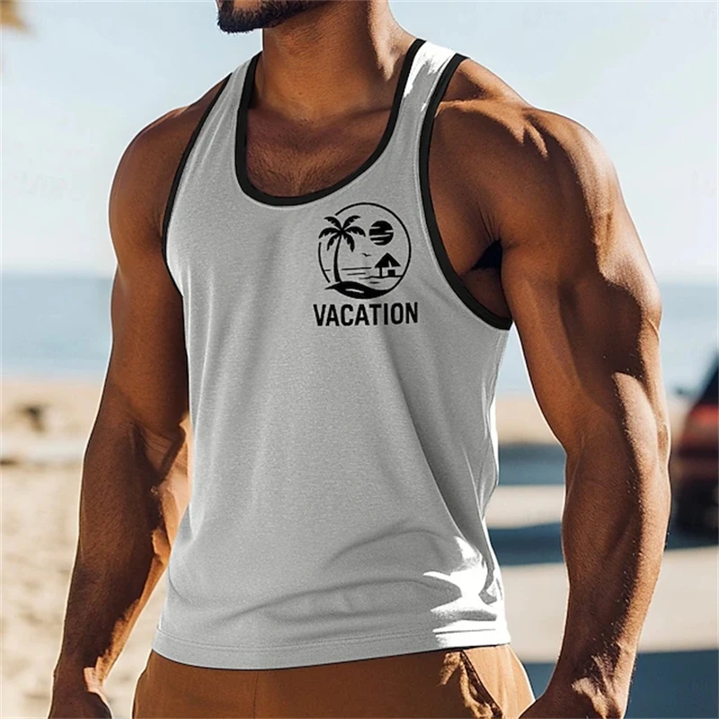 2026 New Men's Casual and Fashionable Summer Tank Top Loose-Fitting Breathable Round-Neck Tank Top with 3D Beach Print