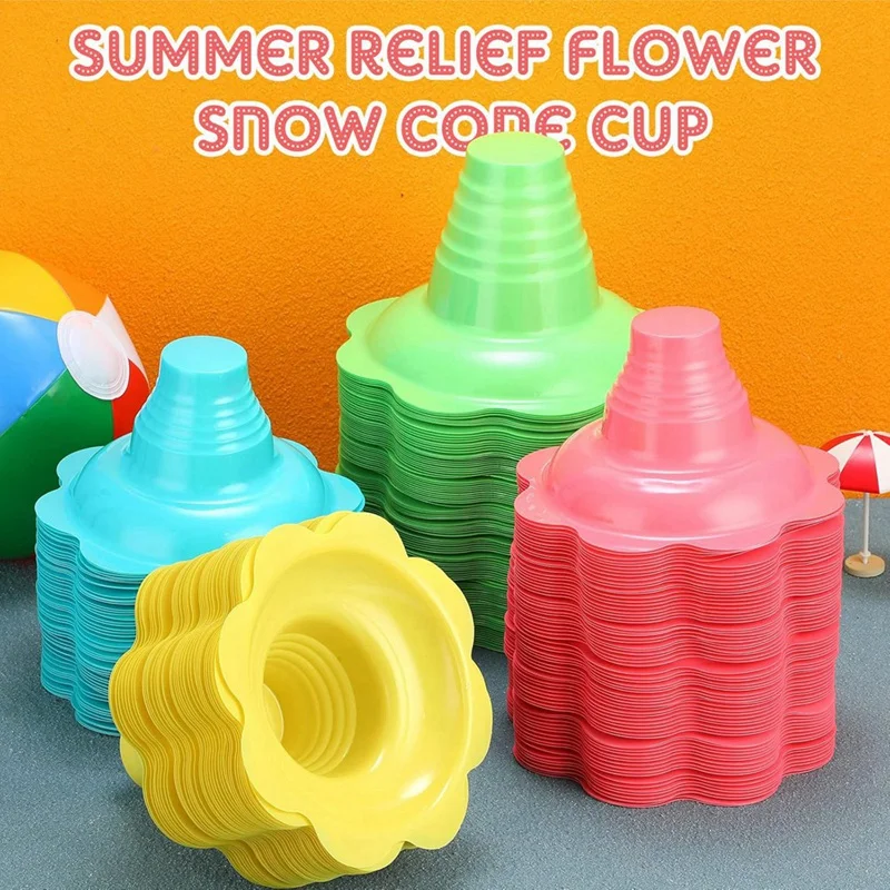 200 Pieces 4 Oz Colorful Shaved Ice Cups Flower Shaped Snow Cone Cups Leak Proof Plastic Snack Ice Cream Bowls