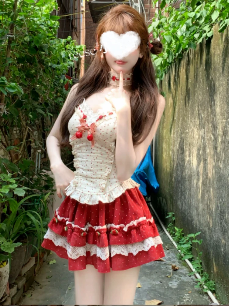 Sommer Süße Off Schulter Sling 2-teiliges Set frauen Cottagecore Dünne Spitze Weste Tops Design High-taille kirsche Kuchen Kurzen Rock