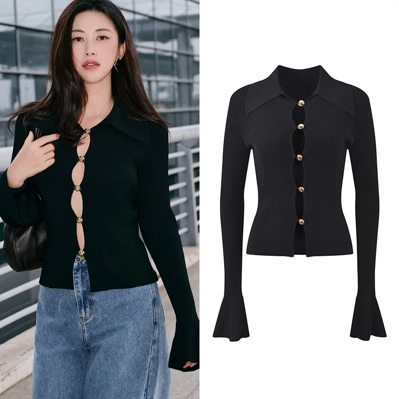 

Bla Hollow out Bell Sve Slim Fit модный вязаный свитер универсальный для поездок на работу яркий женский трикотаж