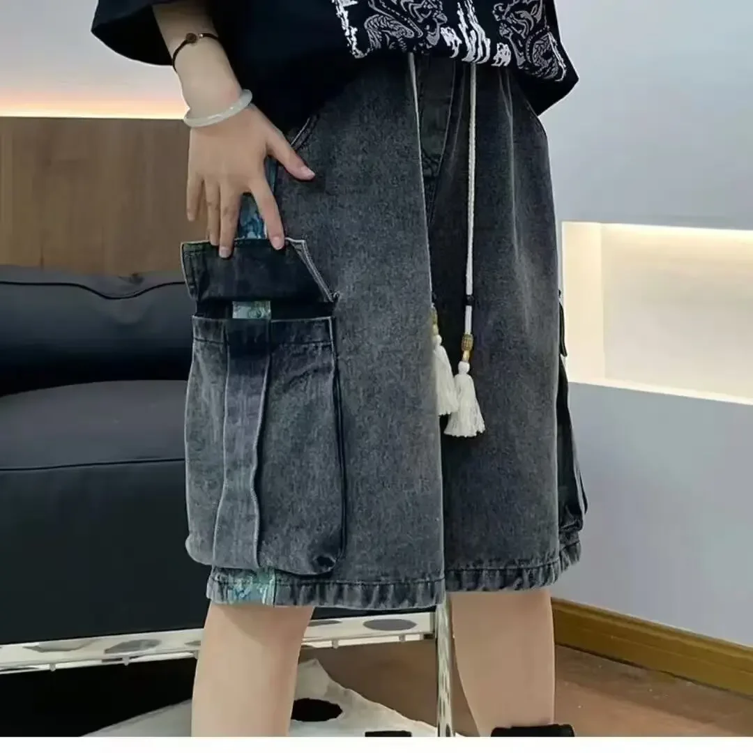 

Поп-новые джинсовые шорты в китайском стиле, мужские летние рабочие повседневные брюки с несколькими карманами, свободные спортивные брюки большого размера с пятью точками Rhinesto