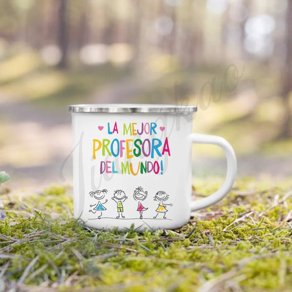 أفضل معلم في العالم مطبوعة المينا القدح أكواب حليب القهوة في الهواء الطلق مقبض التخييم كوب عيد المعلم شكرا الهدايا للمعلمين #4