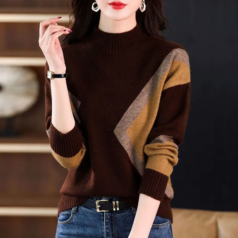 Korean Fashion Vintage Knitted Sweaters Autumn Winter Mock Neck Long Sleeve Panelled Pullovers Women Clothing Loose Casual Tops