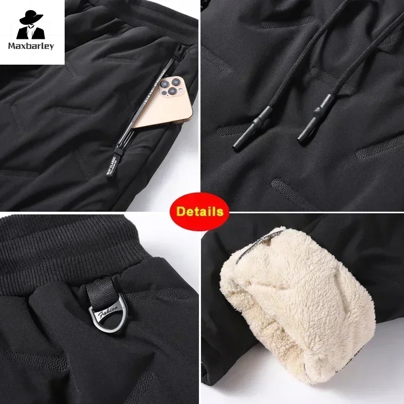 Winter Fleece Sweatpants Men Joggers Black Grey Zip Pockets Thicken Down Cotton Warm Pants Male Water Proof Thermal Trousers Ski