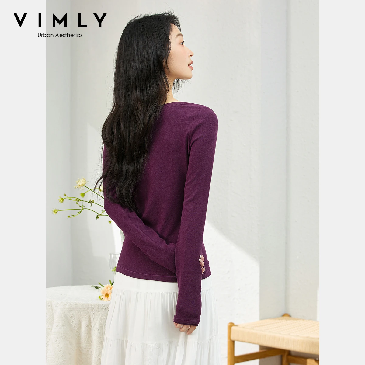 VIMLY Women's Long Sleeve Red T-shirt 2025 Autumn New Crop Knitted Double-layer Casual Slim Female Tops Woman clothes A1965