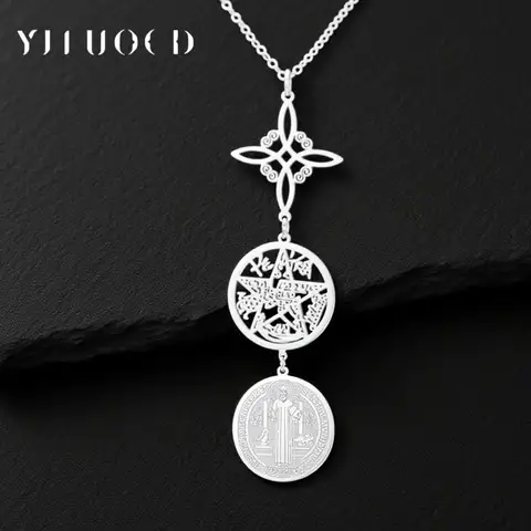 Triple Protection Necklace With Witch Knot Pentagram Tetragrammaton St. Benedict Stainless Steel Spiritual Symbol Amulet Jewerly