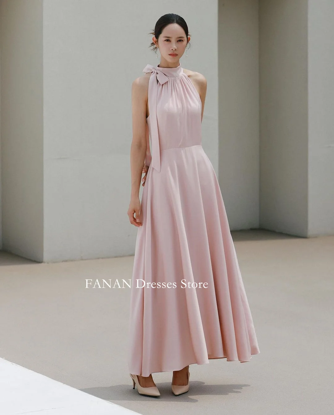 

FANAN High Neck Evening Party Dresses Satin Pink Korea Elegant Ankle Length Wedding Women Formal Gowns Event Prom Gowns