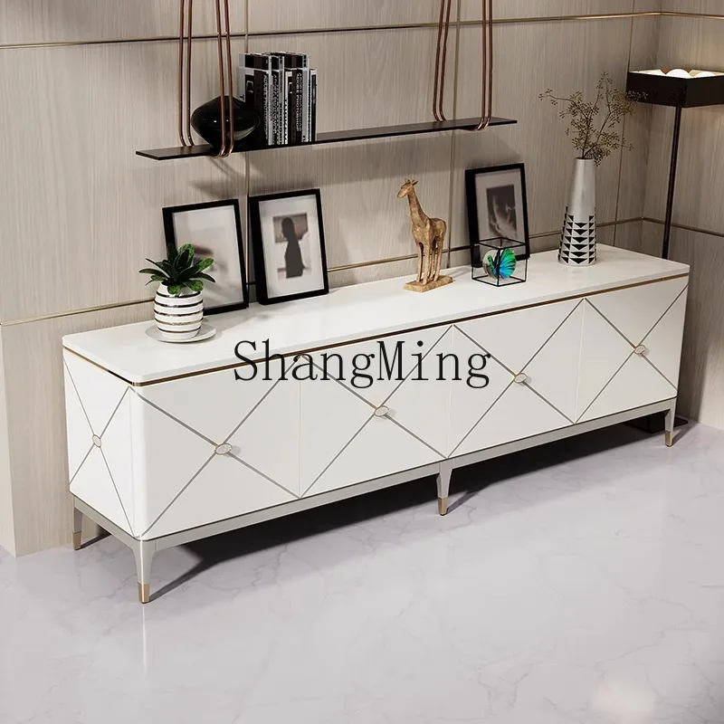 

FG villa living room storage solid wood floor cabinet light luxury TV cabinet ivory white piano paint